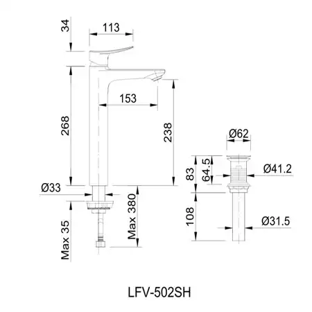 Bản vẽ kỹ thuật vòi chậu lavabo nóng lạnh INAX LFV-502SH 