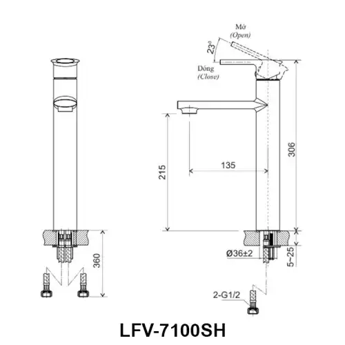Bản vẽ kỹ thuật vòi chậu lavabo nóng lạnh INAX LFV-7100SH