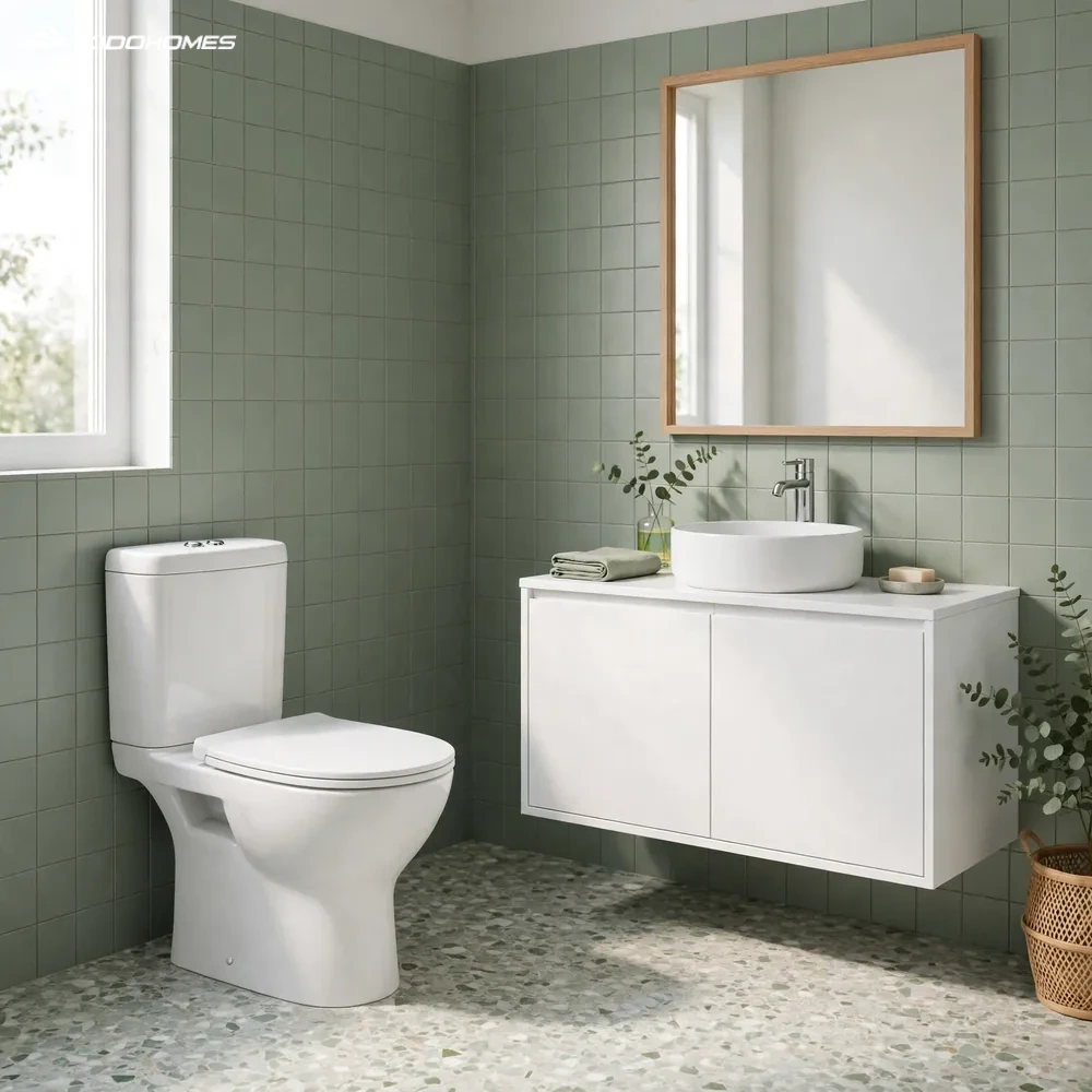 Phối cảnh Bồn cầu INAX AC-700VAN 2 khối Nắp êm Aqua Ceramic trong phòng tắm hiện đại