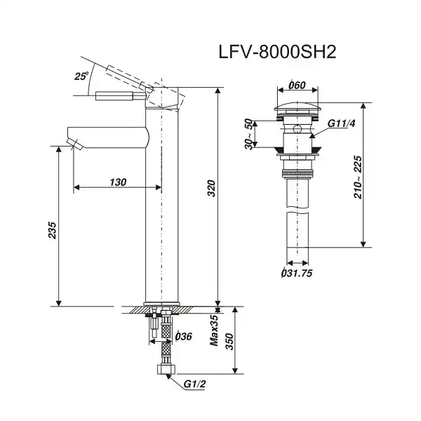 Bản vẽ kỹ thuật vòi chậu lavabo nóng lạnh INAX LFV-8000SH2