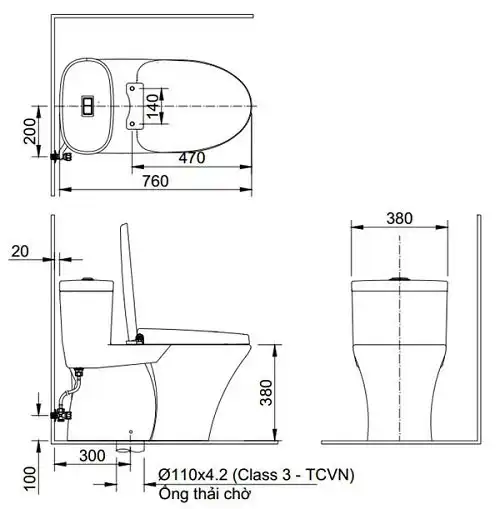 Bản vẽ kĩ thuật của bồn cầu INAX AC-959A/CW-S32VN