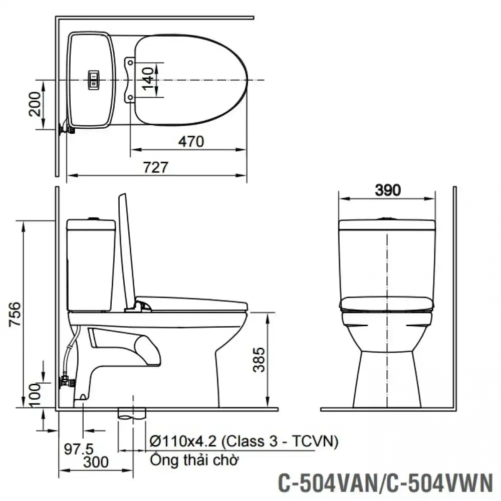 Bản vẽ kỹ thuật bồn cầu 2 khối INAX AC-504A+CW-H18VN