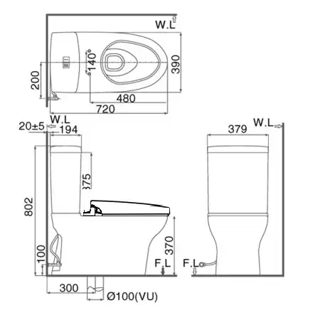 Bản vẽ kỹ thuật Bồn cầu nắp điện tử INAX GC-907+CW-H21VN