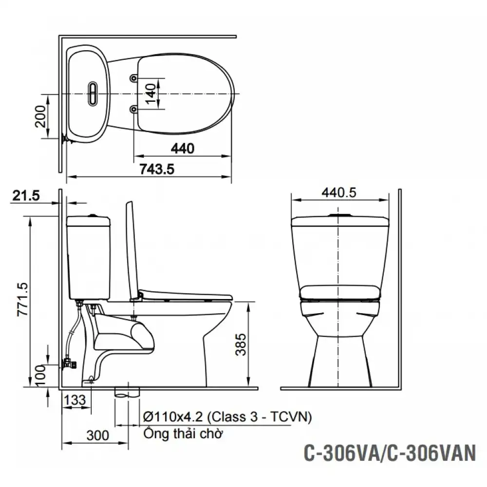 Bản vẽ kỹ thuật bồn cầu 2 khối INAX C-306A+CW-S15VN