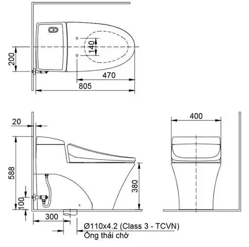 Bản vẽ kĩ thuật của bồn cầu 1 khối Inax AC-1008R+CW-S32VN