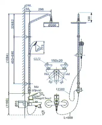 Bản vẽ kĩ thuật Sen cây tắm nhiệt độ INAX BFV-1115S