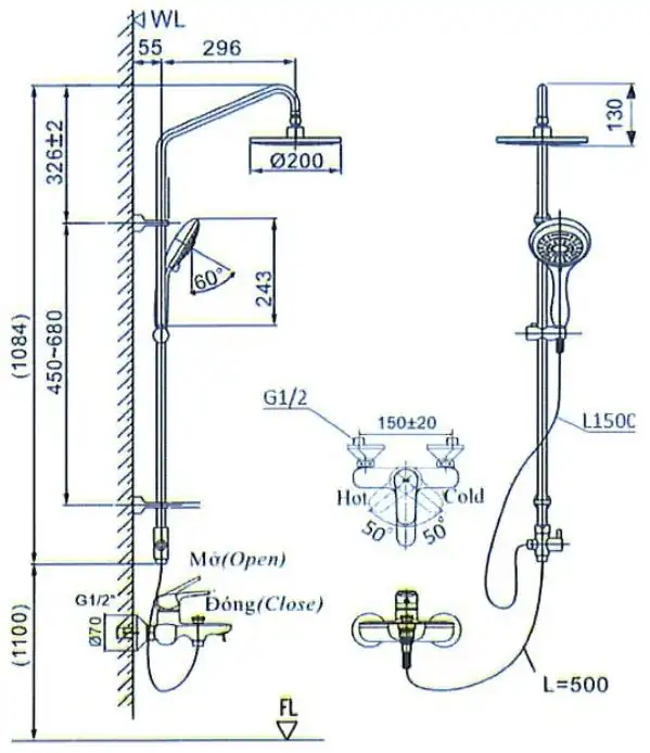 Bản vẽ kĩ thuật Sen cây tắm nhiệt độ INAX BFV-1405S