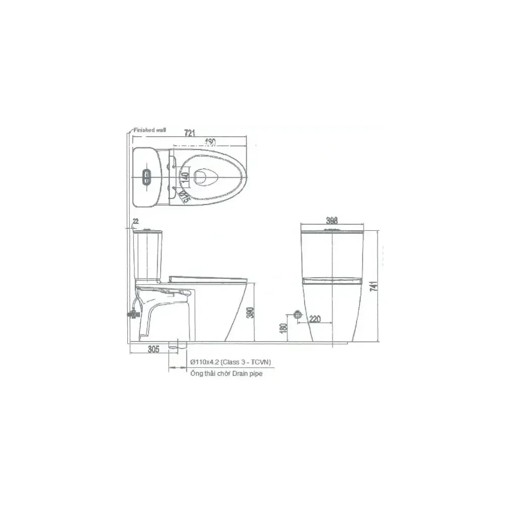Bản vẽ kỹ thuật Bồn cầu INAX AC-602 + CW-KA22AVN 2 khối Nắp rửa điện tử kích thước lắp đặt tiêu chuẩn