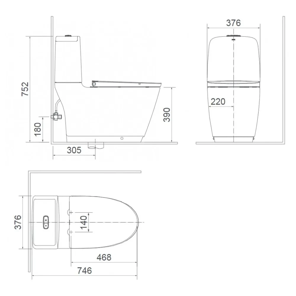 Bản vẽ kỹ thuật bồn cầu INAX AC-832 + CW-S32VN kích thước 746 x 376 x 752 mm tâm thoát 300