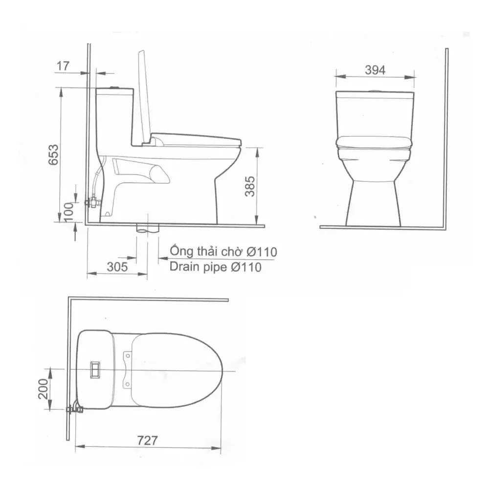 Bản vẽ kỹ thuật bồn cầu INAX AC-969VN kích thước 727 x 394 x 653 mm tâm thoát 300 ống thải Ø110