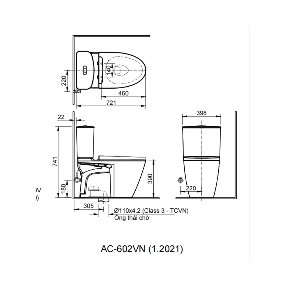 Bản vẽ kỹ thuật Bồn cầu INAX ACT-602 + CW-KB22AVN 2 khối Xả tự động Nắp rửa điện tử kích thước lắp đặt tiêu chuẩn