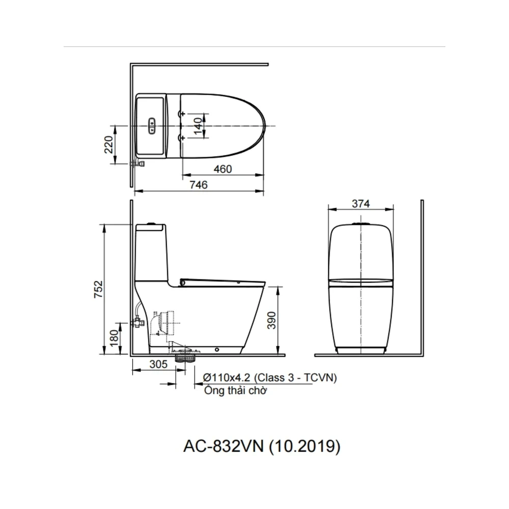 Bản vẽ kỹ thuật Bồn cầu INAX ACT-832 + CW-KA22AVN 2 khối Xả tự động Nắp rửa điện tử kích thước lắp đặt tiêu chuẩn
