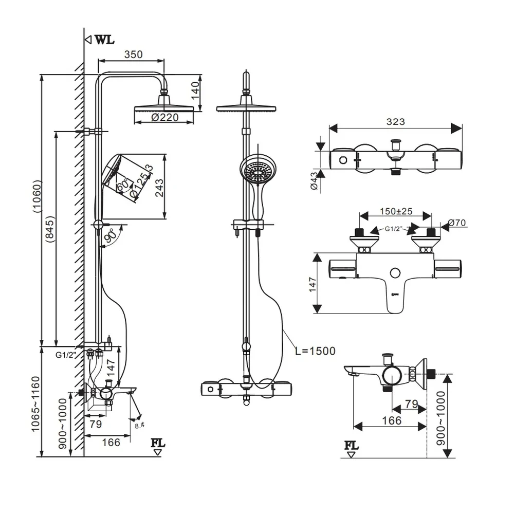 Bản vẽ kỹ thuật sen cây tắm INAX BFV-3415T-9C bát sen trần 220 mm tâm cấp 150 mm