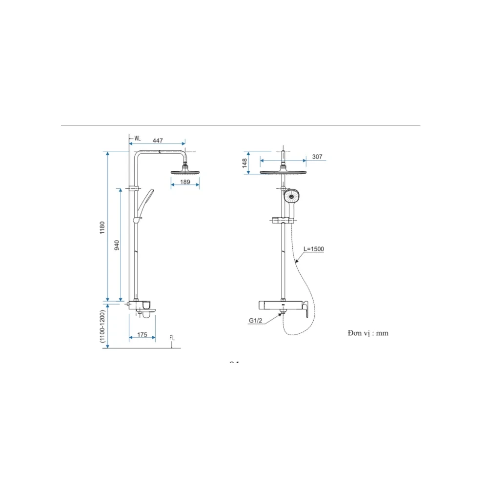 Bản vẽ kỹ thuật sen cây tắm INAX BFV-635S kích thước 542 x 326 x 1245 mm