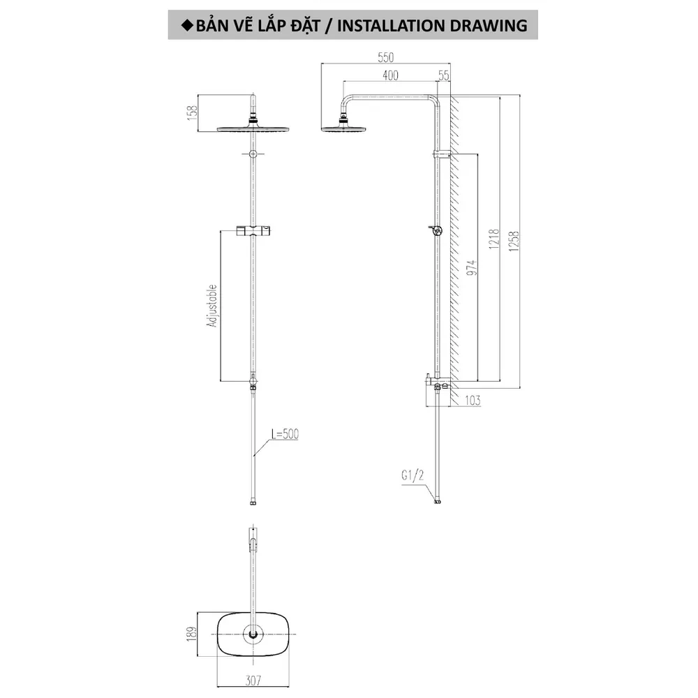 Bản vẽ kỹ thuật sen cây tắm INAX BFV-CL3 chiều cao 1258 mm, bát sen 307 x 189 mm