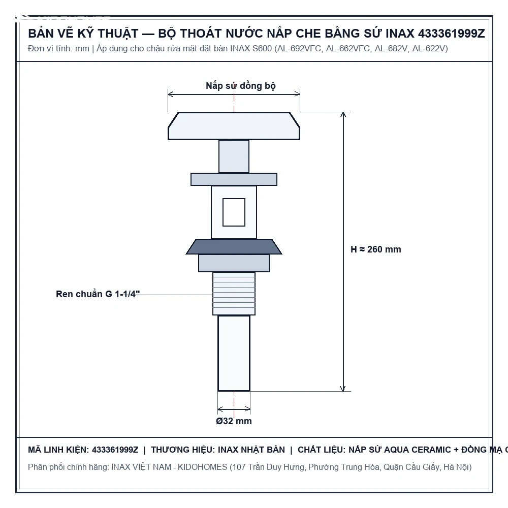 Bản vẽ kỹ thuật kích thước bộ thoát nước nắp che bằng sứ INAX 433361999Z