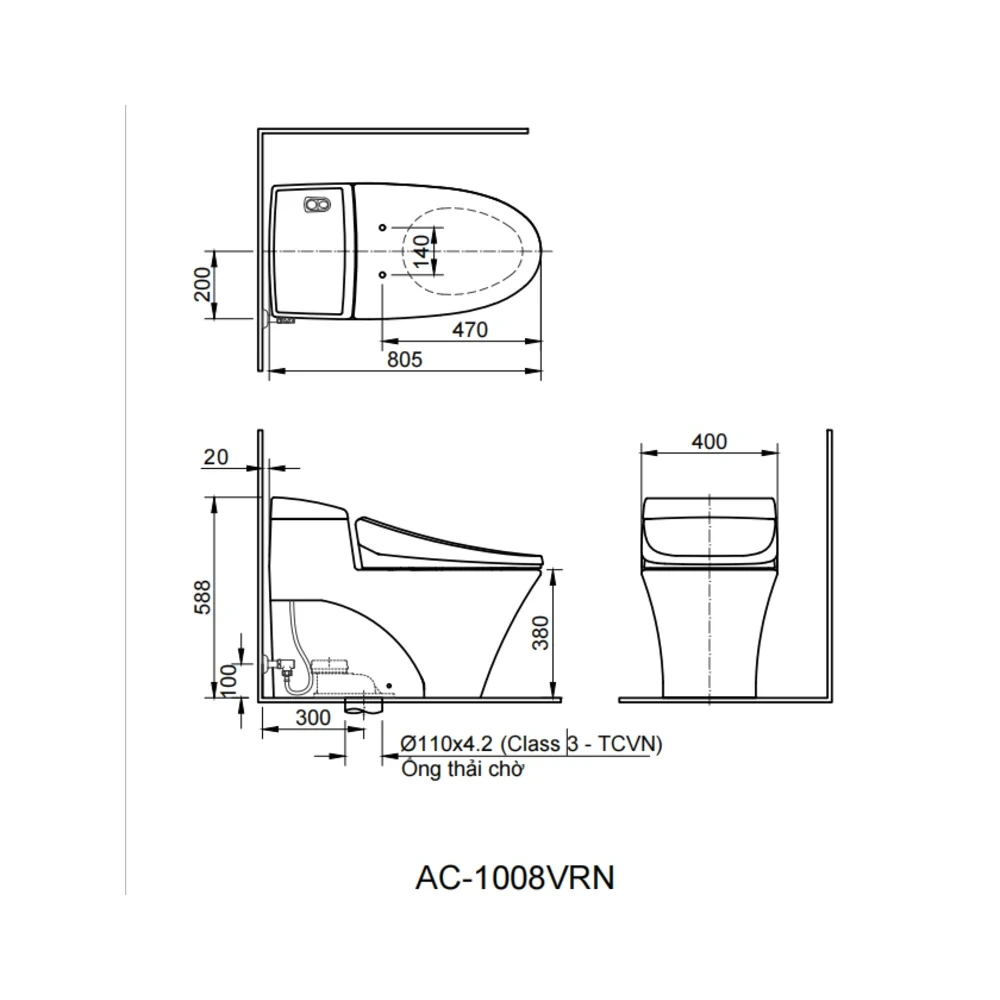 Bản vẽ kỹ thuật bồn cầu INAX AC-1008R+CW-H20VN - kích thước lắp đặt và tâm thoát 300 mm