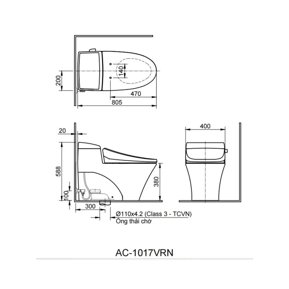 Bản vẽ kỹ thuật bồn cầu INAX AC-1017R kích thước 805 x 400 x 588 mm