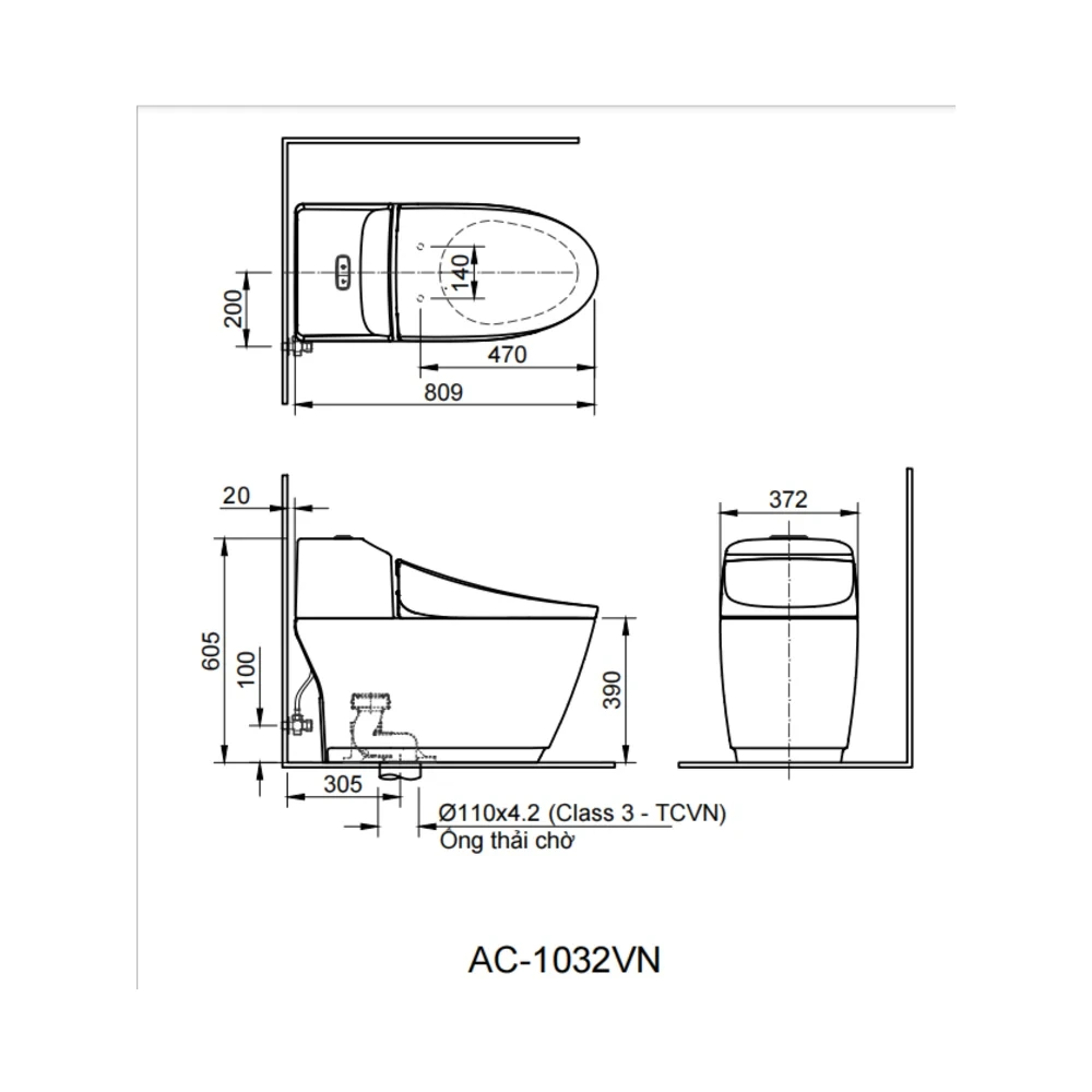 Bản vẽ kỹ thuật bồn cầu INAX AC-1032+CW-H20VN - kích thước lắp đặt và tâm thoát 300 mm