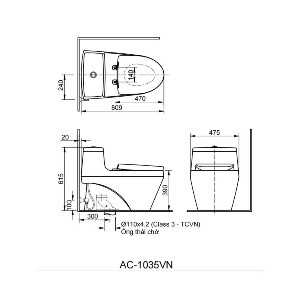 Bản vẽ kỹ thuật bồn cầu INAX AC-1035 kích thước 809 x 475 x 615 mm