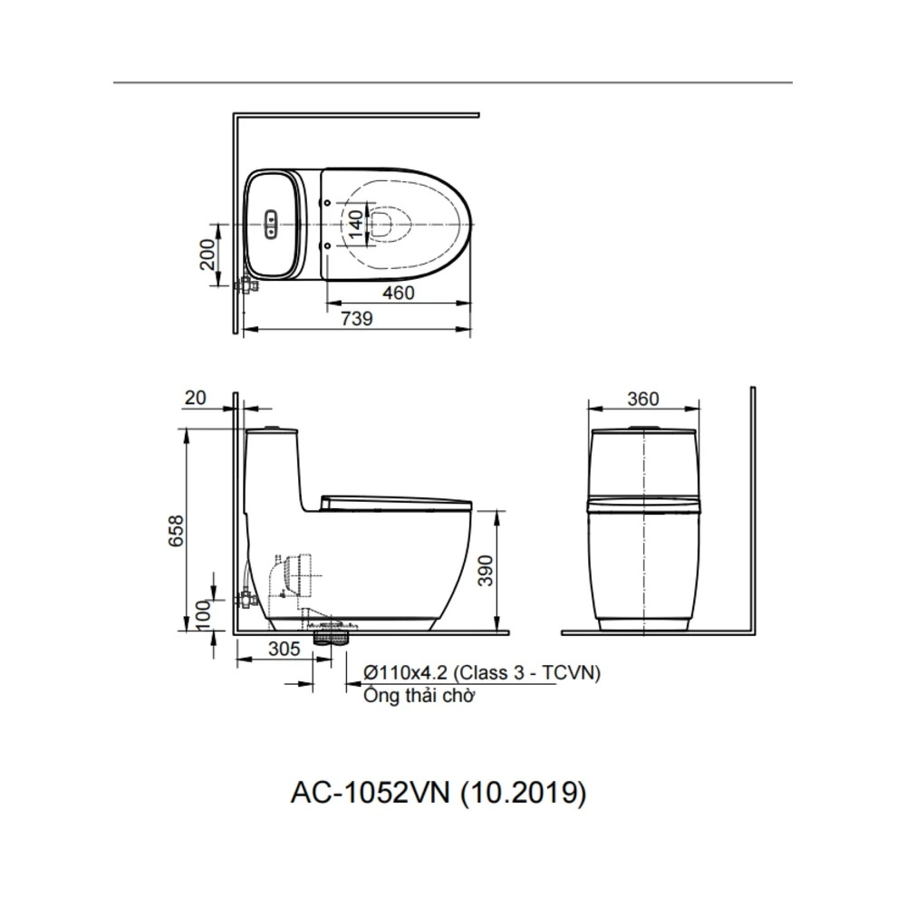 Bản vẽ kỹ thuật bồn cầu INAX AC-1052 kích thước 739 x 360 x 658 mm
