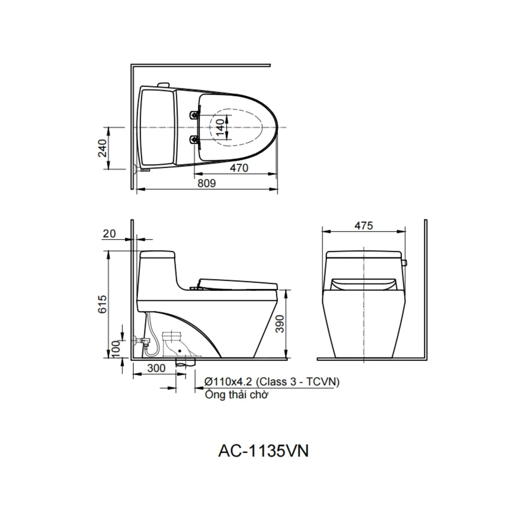 Bản vẽ kỹ thuật bồn cầu INAX AC-1135+CW-H20VN - kích thước lắp đặt và tâm thoát 300 mm