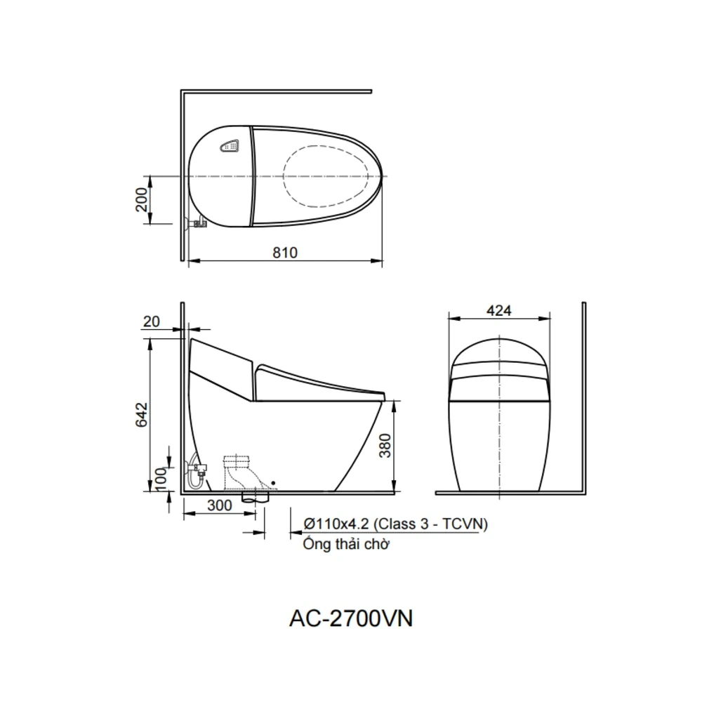 Bản vẽ kỹ thuật bồn cầu INAX AC-2700+CW-H20VN - kích thước lắp đặt và tâm thoát 300 mm