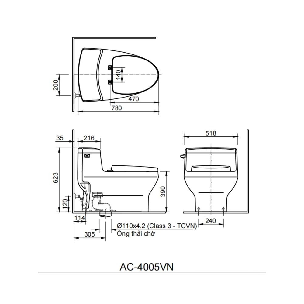 Bản vẽ kỹ thuật bồn cầu INAX AC-4005+CW-H20VN - kích thước lắp đặt và tâm thoát 300 mm