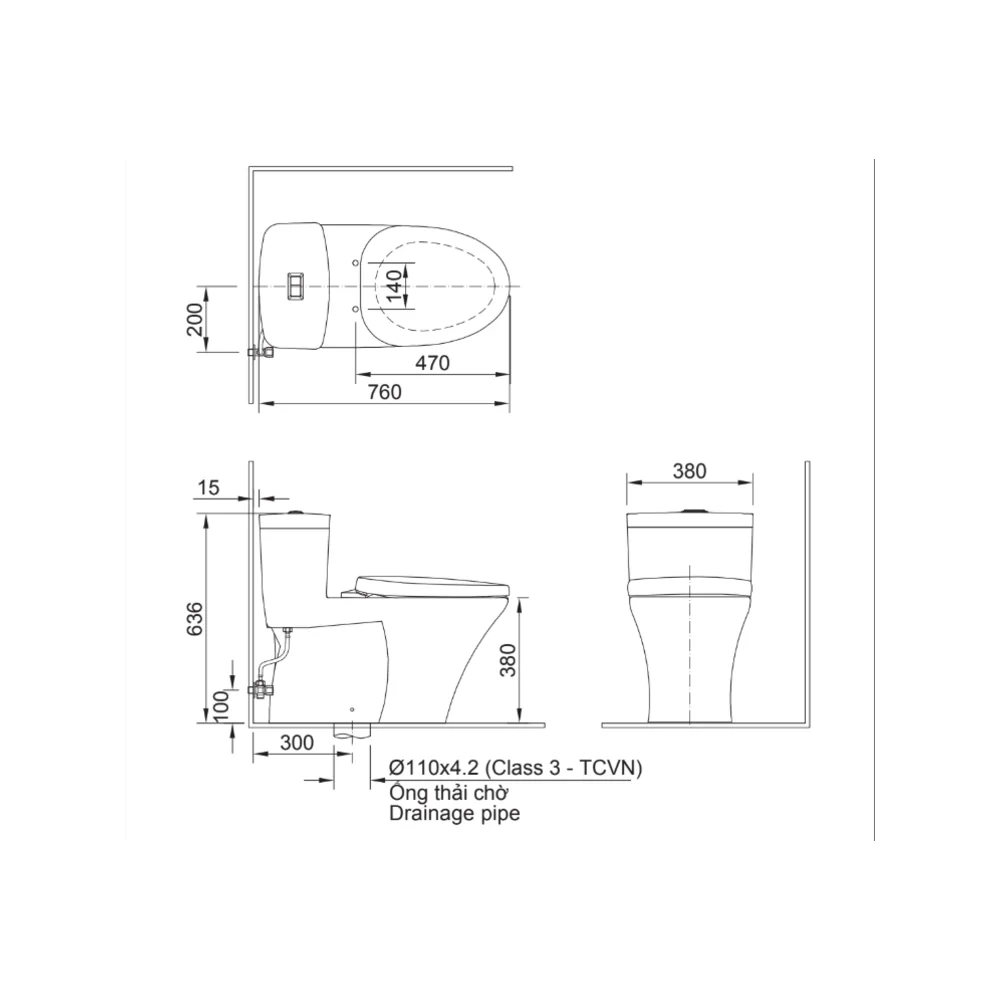 Bản vẽ kỹ thuật bồn cầu INAX AC-900R+CW-H20VN - kích thước lắp đặt và tâm thoát 300 mm