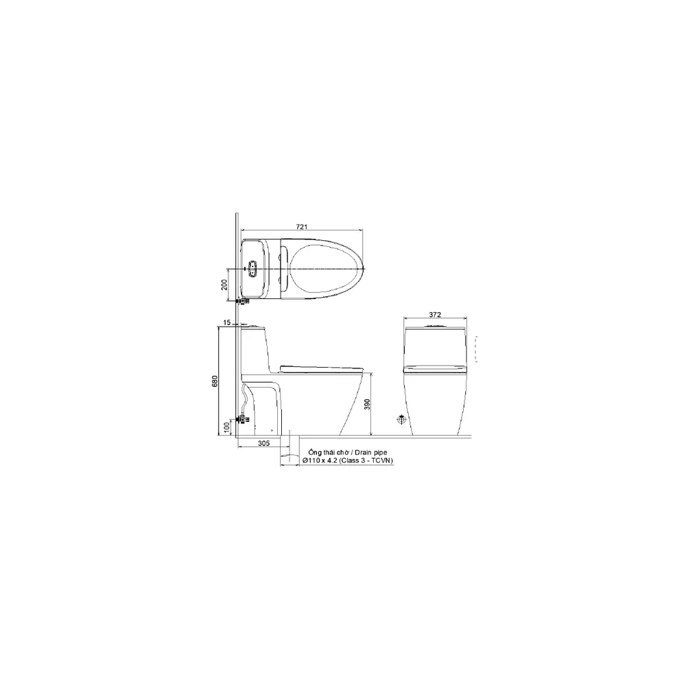 Bản vẽ kỹ thuật bồn cầu 1 khối INAX AC-902VN kích thước 721 x 372 x 680 mm