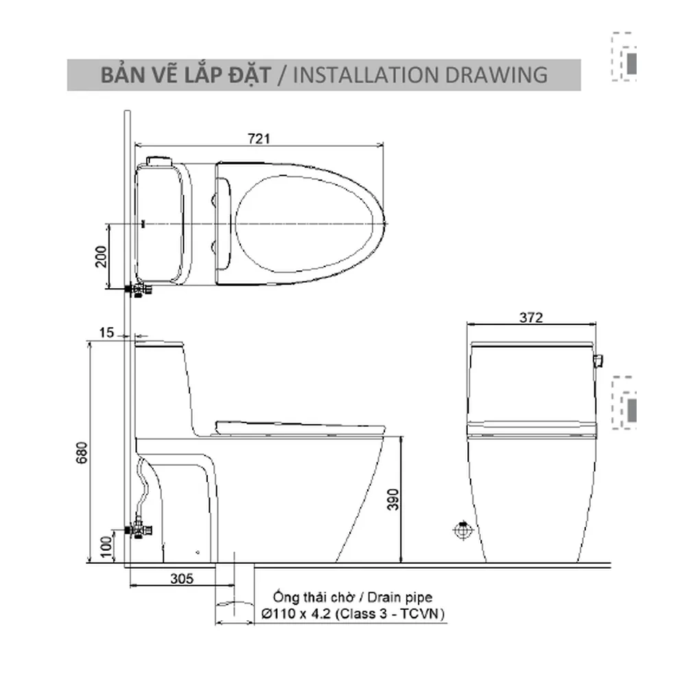 Bản vẽ lắp đặt bồn cầu INAX AC-912VN kích thước 721 x 372 x 680 mm tâm thoát 305 mm