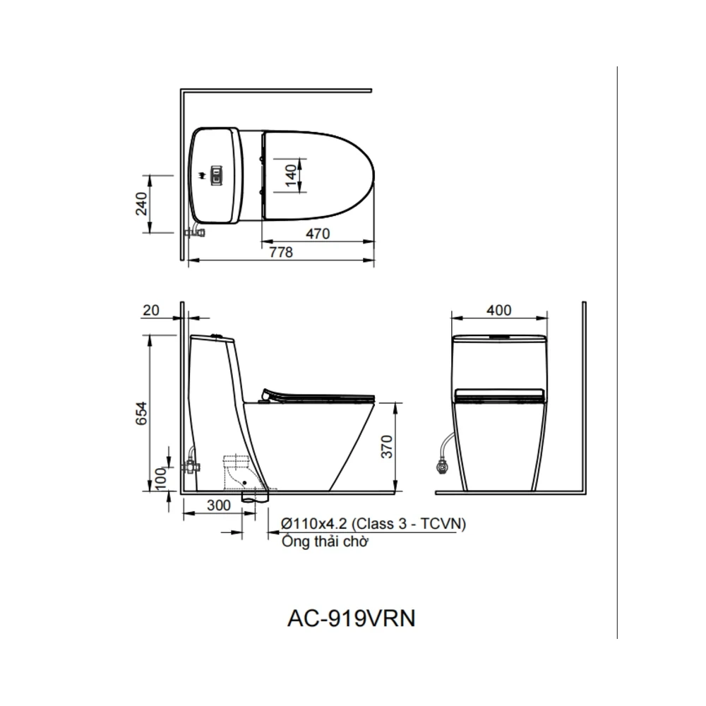 Bản vẽ kỹ thuật bồn cầu INAX AC-919R+CW-H20VN - kích thước lắp đặt và tâm thoát 300 mm