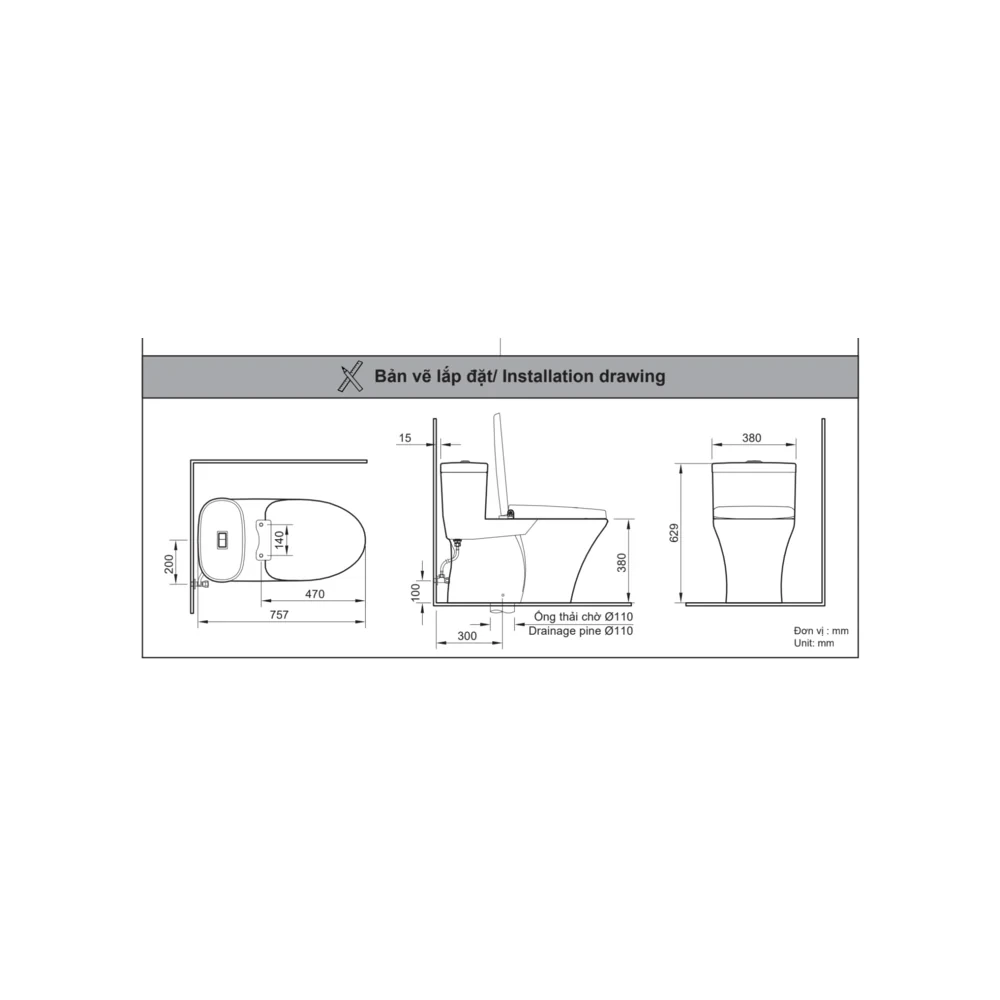 Bản vẽ kỹ thuật bồn cầu INAX AC-959A+CW-H20VN - kích thước lắp đặt và tâm thoát 300 mm