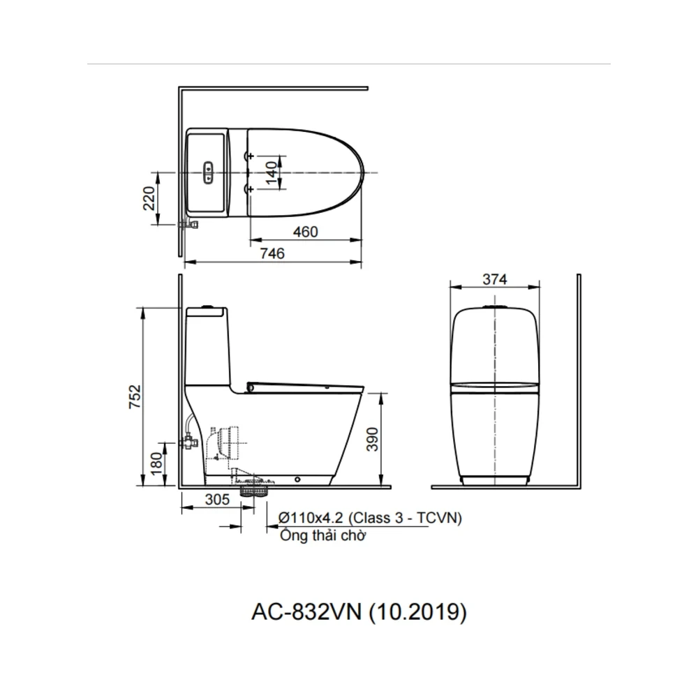 Bản vẽ kỹ thuật bồn cầu INAX ACT-832+CW-H20VN - kích thước lắp đặt và tâm thoát 300 mm