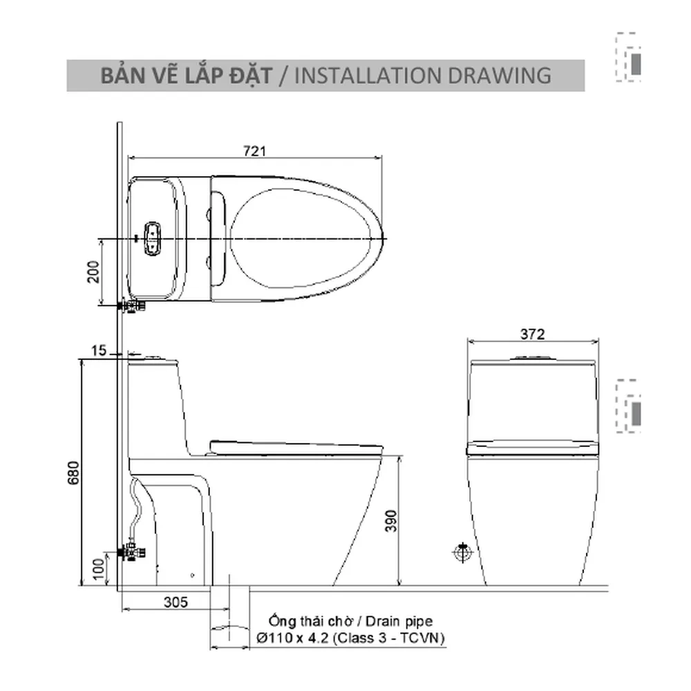 Bản vẽ lắp đặt thân cầu INAX AC-902VN dùng chung cho ACT-902 kích thước 721 x 372 x 680 mm