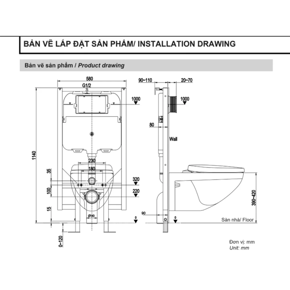 Bản vẽ kỹ thuật kích thước lắp đặt Bồn cầu treo tường INAX AC-23P + CW-S32VN