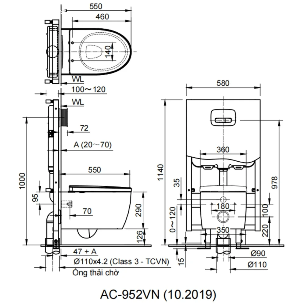 Bản vẽ kỹ thuật kích thước lắp đặt Bồn cầu treo tường INAX AC-952 + CW-H20VN