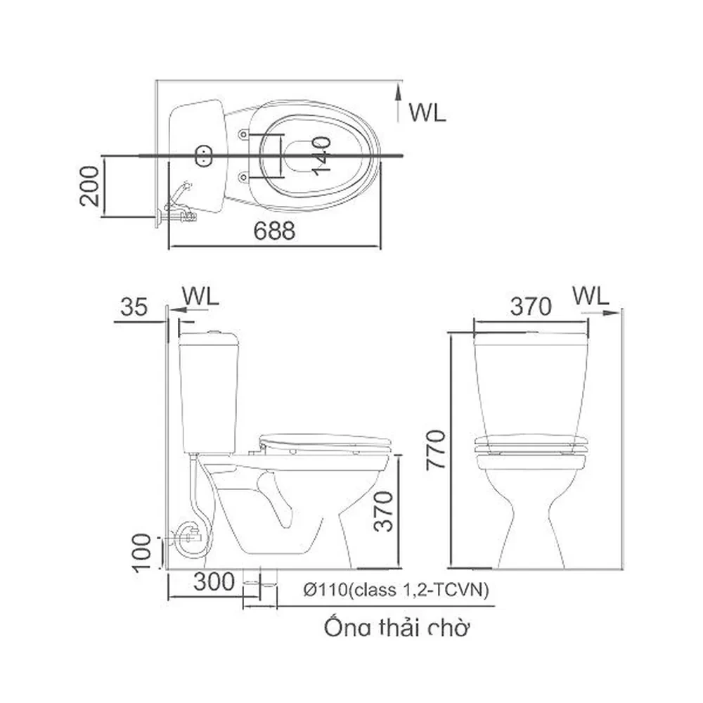 Bản vẽ kỹ thuật Bồn cầu INAX C-108A + CW-S15VN kích thước lắp đặt