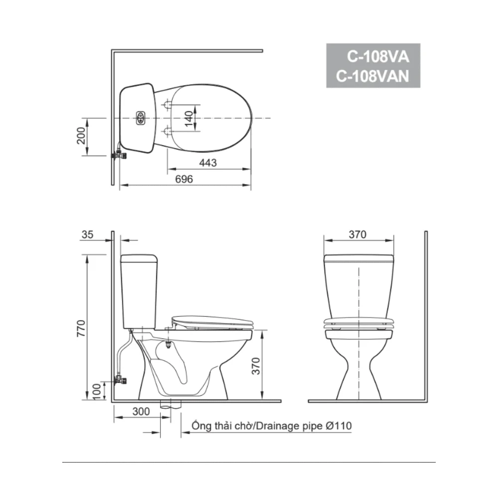 Bản vẽ kỹ thuật Bồn cầu INAX C-108VA 2 khối Nắp thường