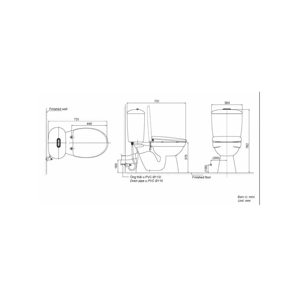 Bản vẽ kỹ thuật Bồn cầu INAX C-306VPTN 2 khối Thoát ngang Nắp êm