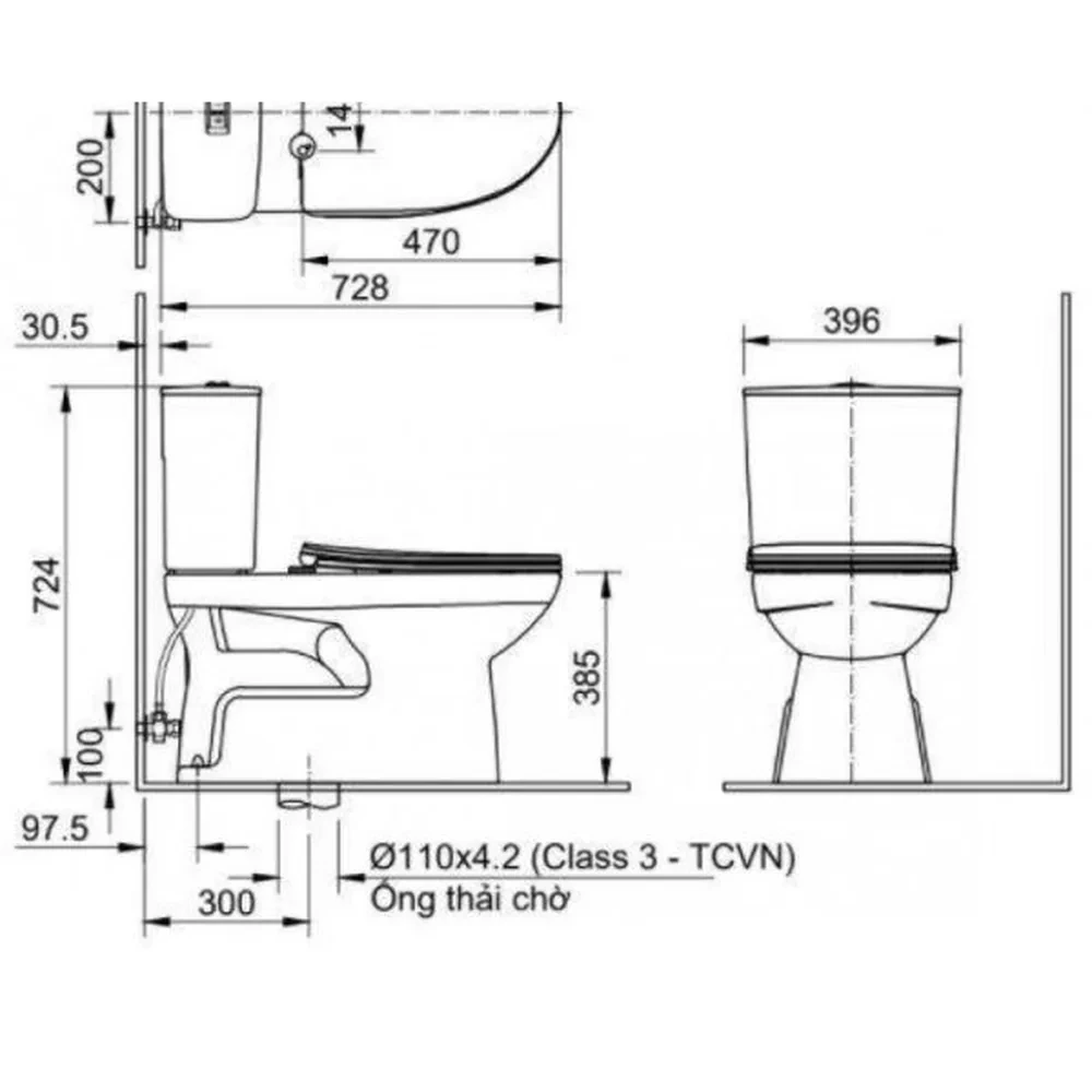 Bản vẽ kỹ thuật Bồn cầu INAX C-514A + CW-S15VN