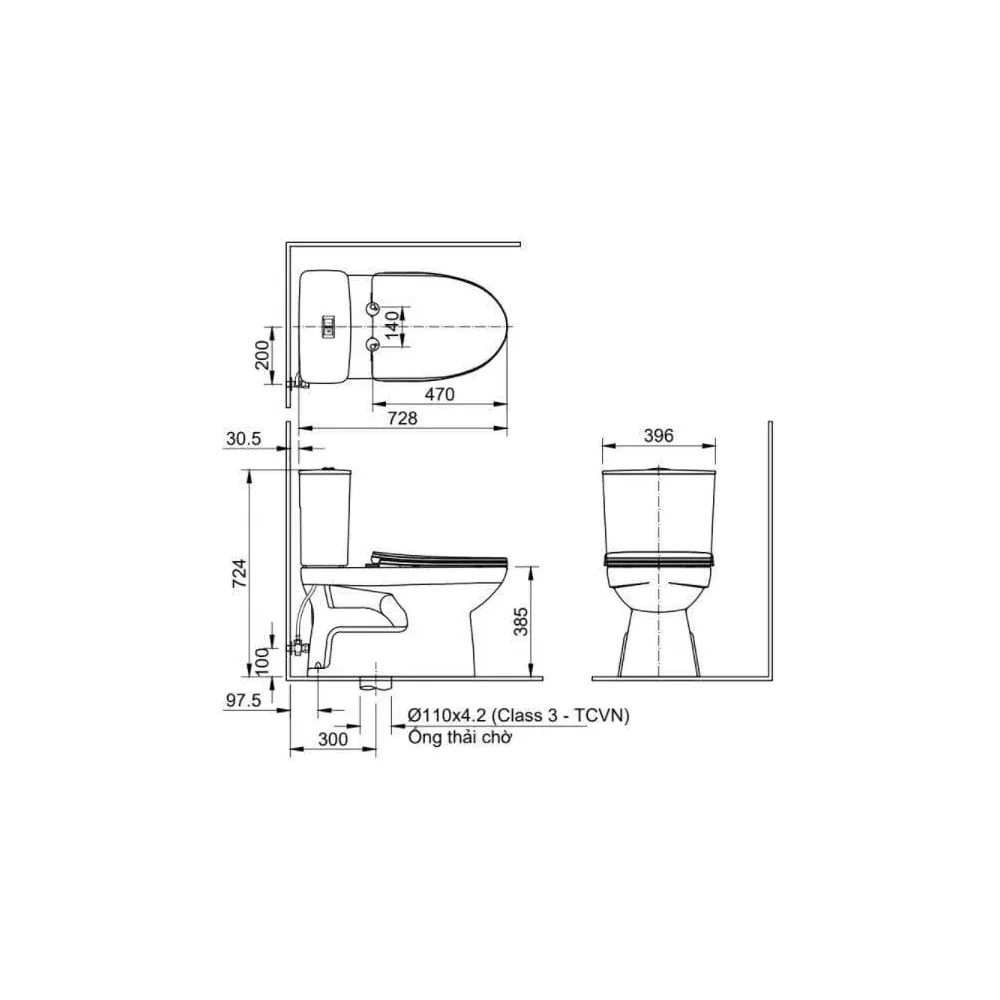 Bản vẽ kỹ thuật bồn cầu INAX C-514A + CW-S32VN-1