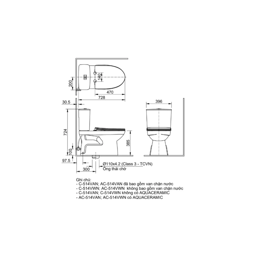 Bản vẽ kỹ thuật Bồn cầu INAX C-514VAN 2 khối Nắp êm