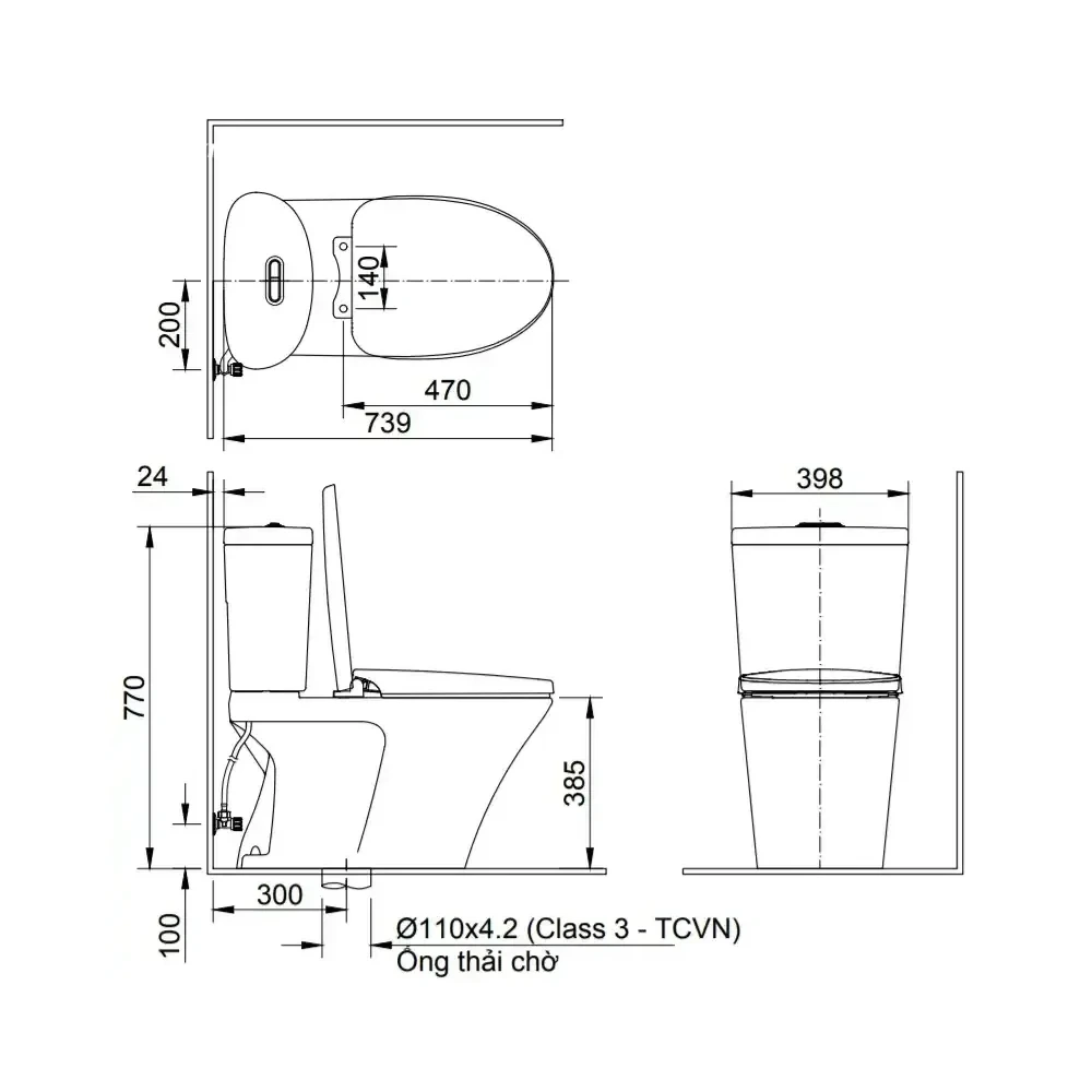 Bản vẽ kỹ thuật Bồn cầu INAX C-700VAN 2 khối Nắp êm