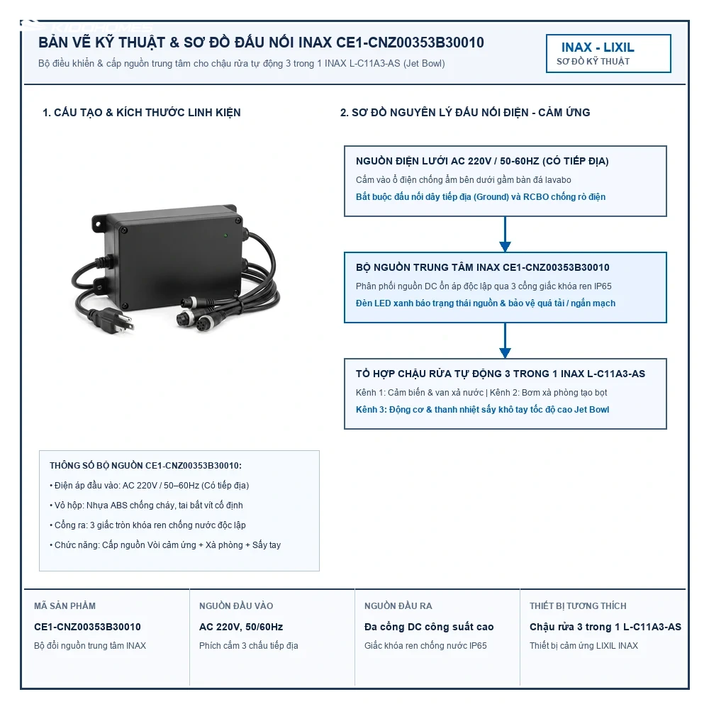 Bản vẽ kỹ thuật và sơ đồ đấu nối Bộ đổi nguồn điện trung tâm INAX CE1-CNZ00353B30010 AC 220V cho L-C11A3-AS