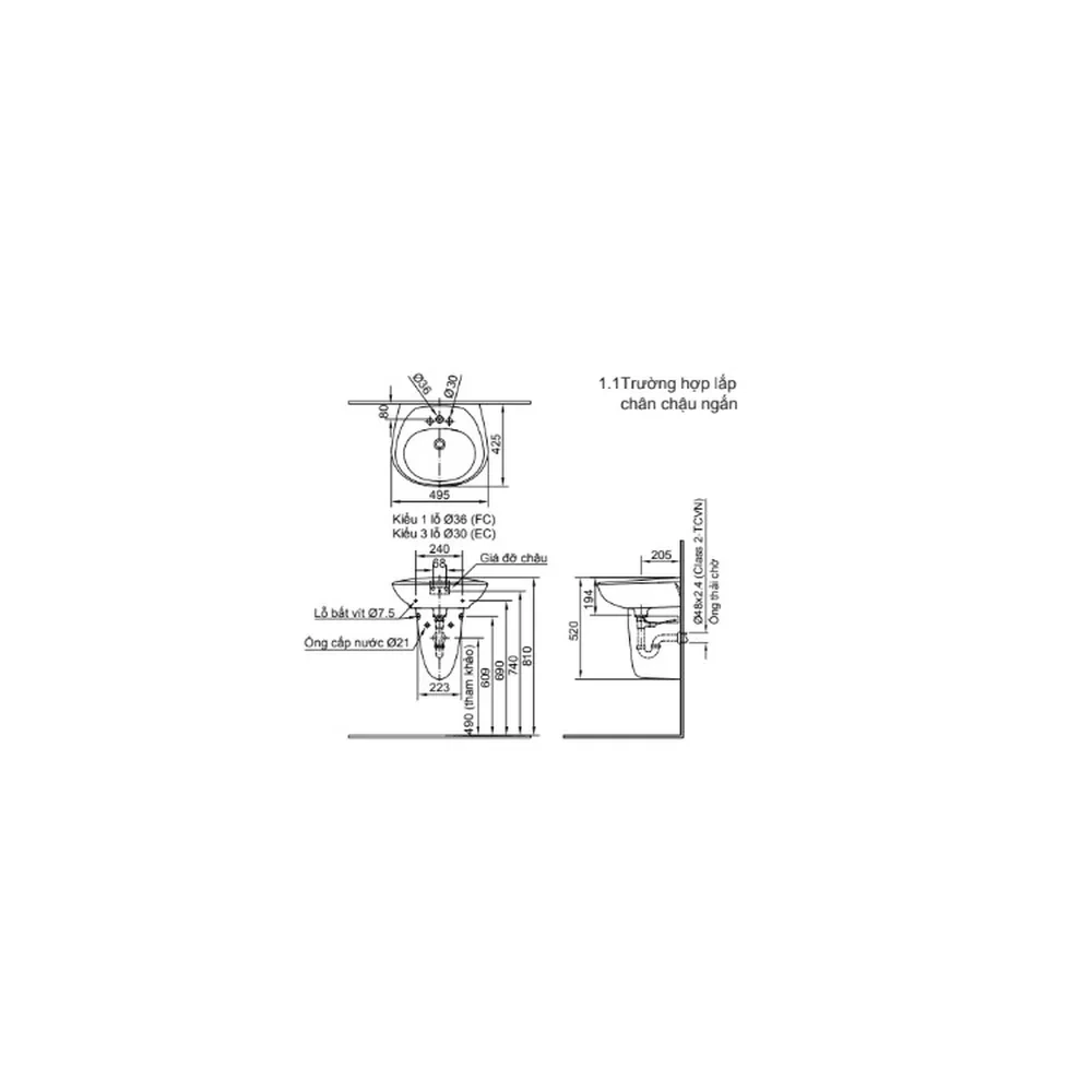 Bản vẽ kỹ thuật lắp đặt chân chậu lửng INAX L-284VC với chậu L-284V