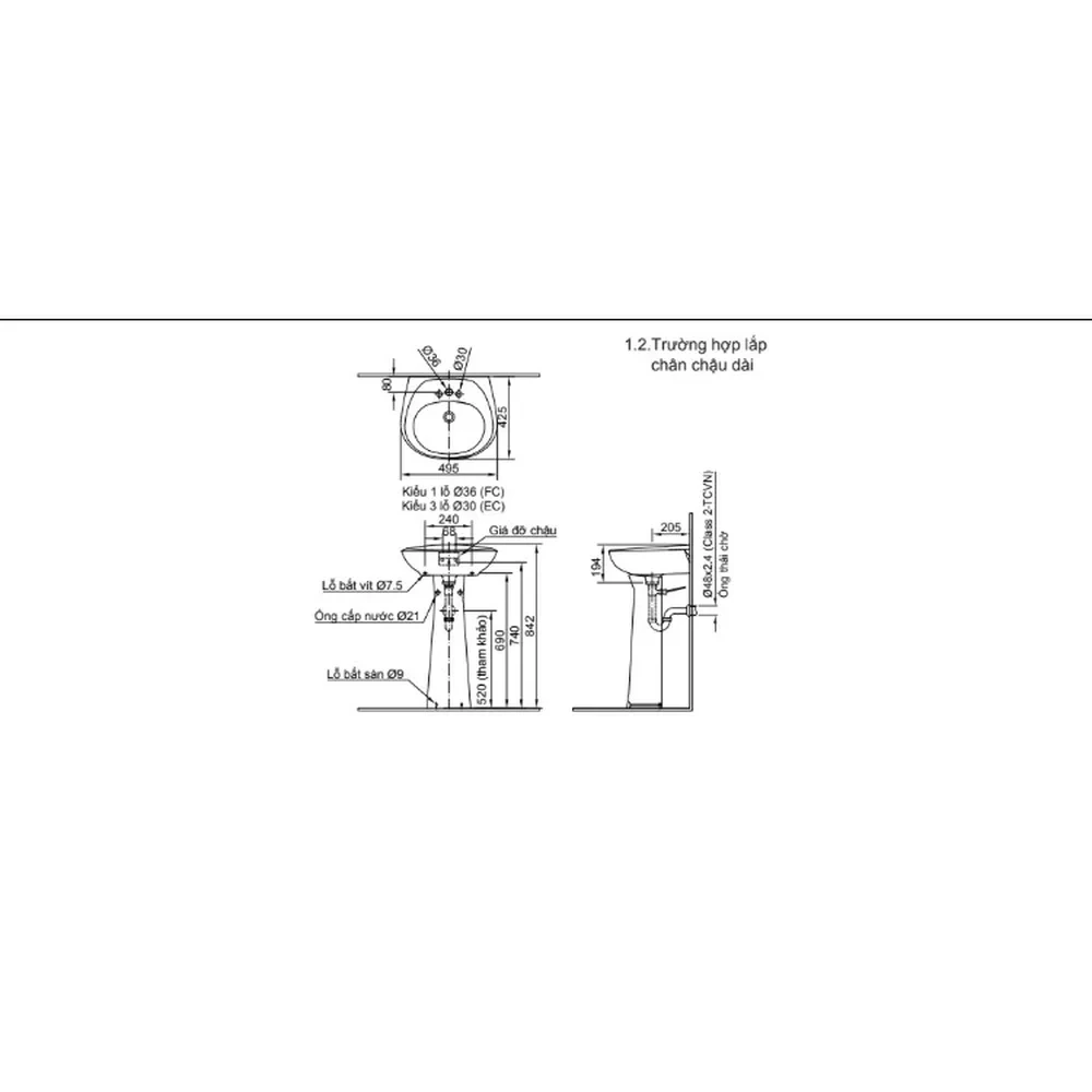 Bản vẽ kỹ thuật lắp đặt chân chậu dài INAX L-284VD với chậu L-284V
