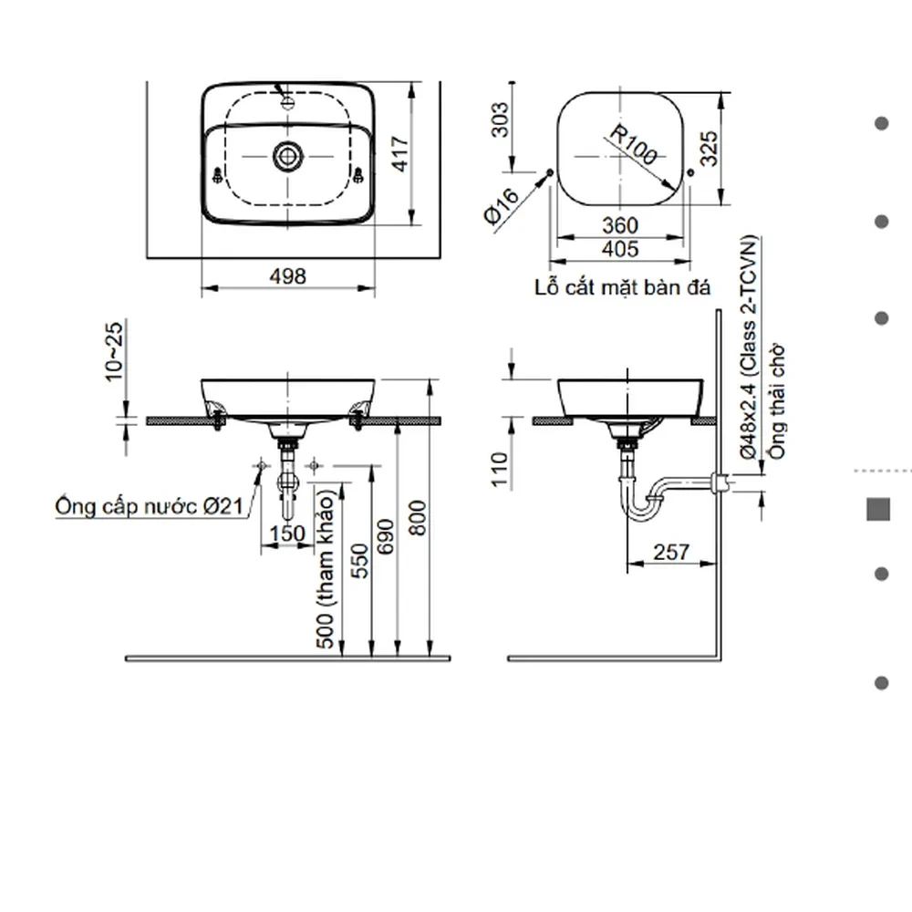 Bản vẽ kỹ thuật chậu rửa mặt INAX AL-286VFC kích thước 498 x 417 x 169 mm