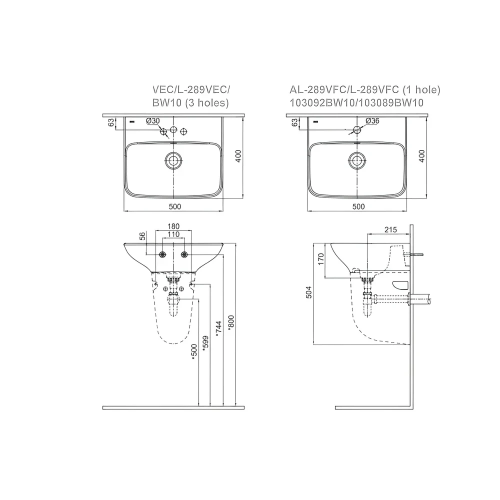 Bản vẽ kỹ thuật chậu rửa mặt INAX AL-289VEC kích thước 500 x 400 x 170 mm