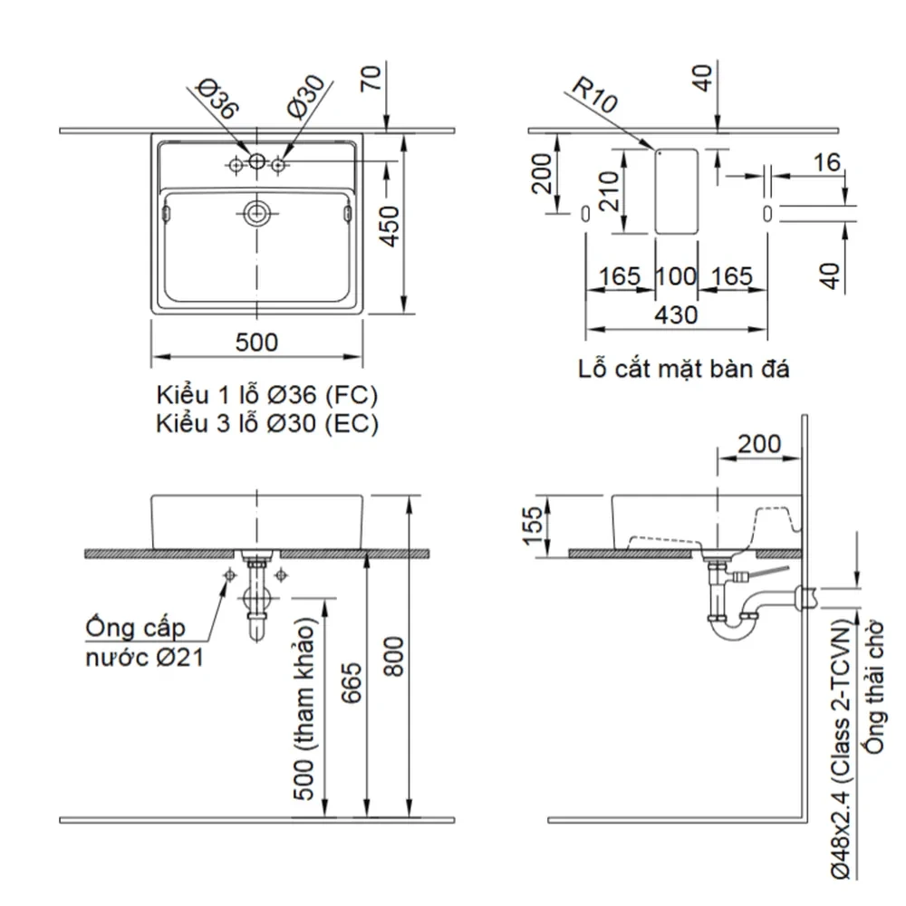Bản vẽ kỹ thuật chi tiết kích thước chậu đặt bàn INAX AL-293V 500 x 450 x 155 mm